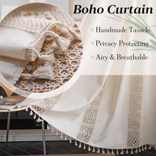Sutuo Home Boho Curtain Crochet Lace Patchwork Semi-Blackout Bohemian Handmade Tassels, Rod Pocket Window Treatment Vintage Rustic Farmhouse Drapes for Bedroom, 1 Panel 59" W x 96" L, Beige