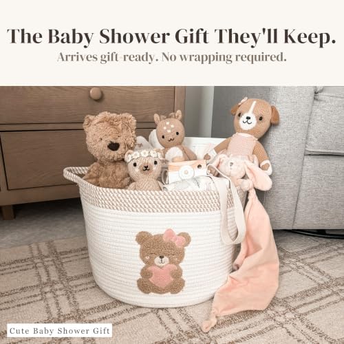 Pink Teddy Bear Baby Storage Basket, Cotton Rope Nursery Bin, 15x11 in | Stuffed Animal and Blanket Storage, Embroidered Bear Patch, Baby Girl Room Decor, Gift, Kids Playroom Organizer