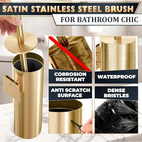 Gold Toilet Brush and Holder Set, Stainless Steel (Wall Mounted) | Toilet Brush with Holder Set, Splash Protection & Dense Bristles, Strong Vacuum Suction, Scratch- and Corrosion-Resistant