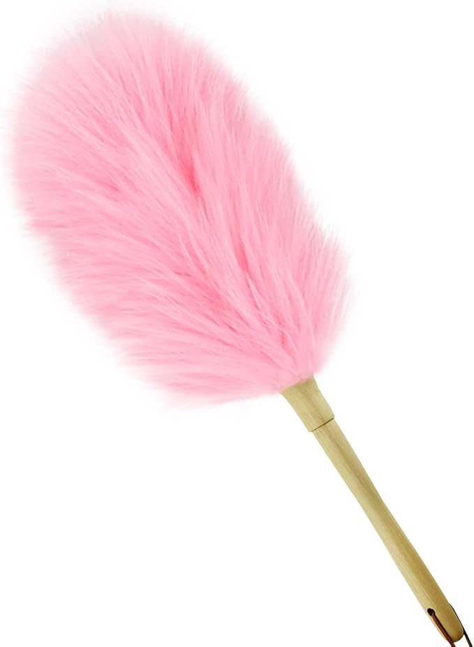 Lambswool Duster 16'' Length Solid Wooden Handle Leather Hang Strap for Cleaning Ceiling Fans Window Blinds Computer Furniture Figurines TV Natural Feather Duster,Pink