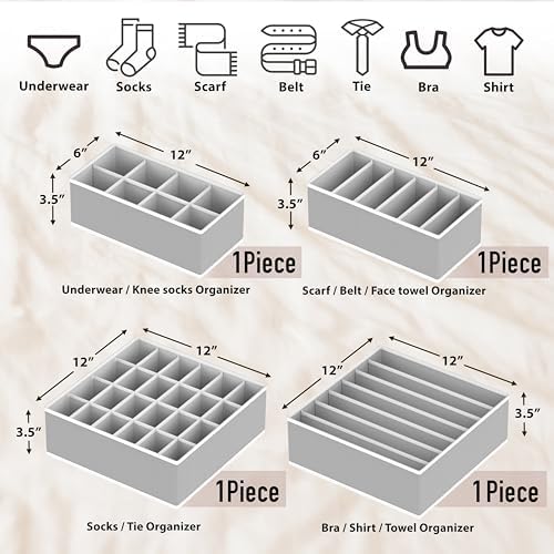 Simple Houseware 4-Pack Drawer Organizer Set for Underwear/Socks/Bra, Gray | Closet Dividers for Underwear, Socks, Bras, Scarves, Ties - Foldable Non-Woven Storage Boxes