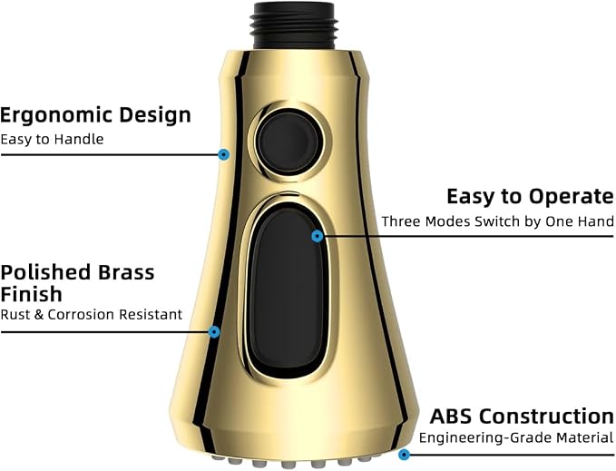 Hibbent Pull Down Spray Head for Kitchen Faucet, NSF/ANSI/CAN 61 & CUPC Certified 3-Function Spray Nozzle, 14 Adapters, Sink Faucet Head Replacement Compatible with Moen, Delta, Kohler, Polished Brass