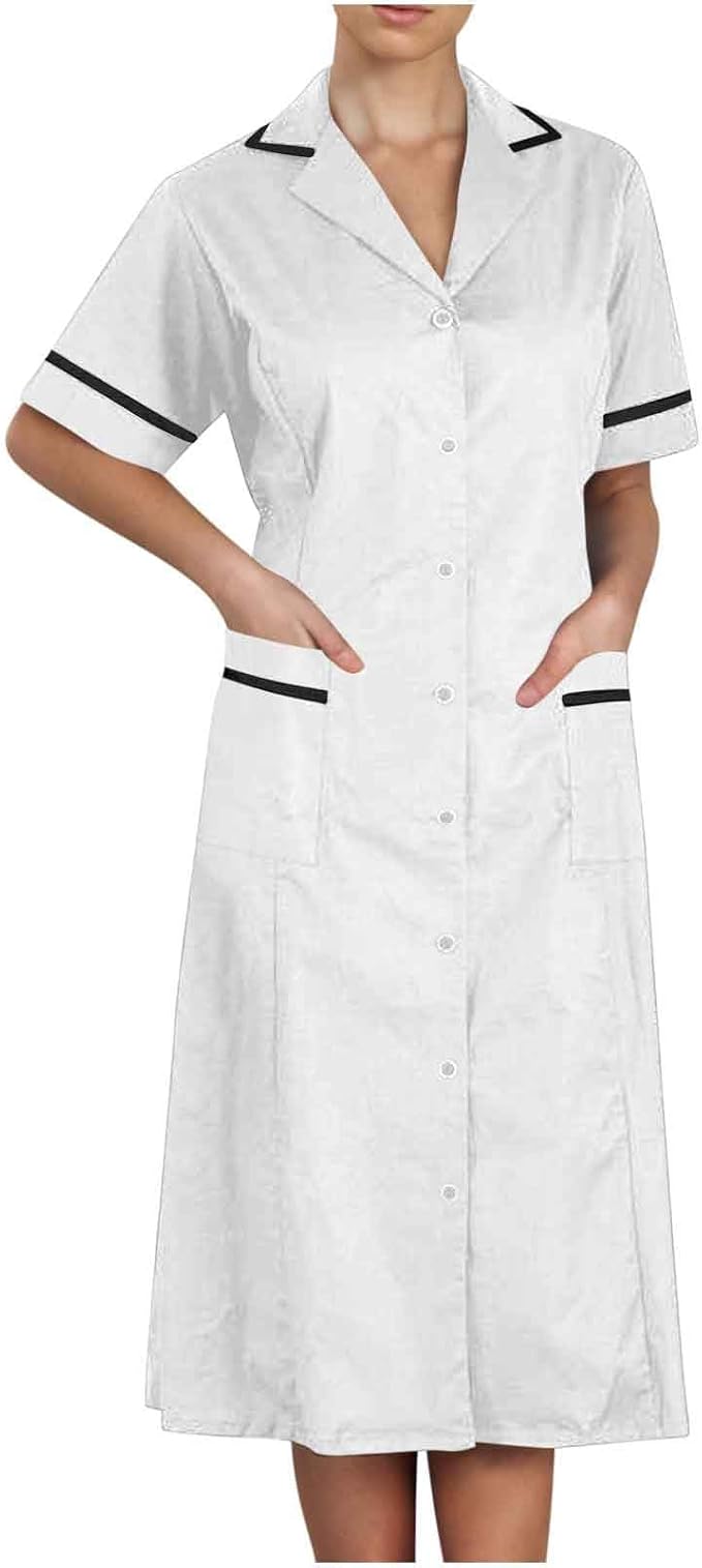 Women's Short Sleeve Work Dress Lapel Button Front Nursing Workwear Casual Housekeeping Scrubs Dress with Pockets