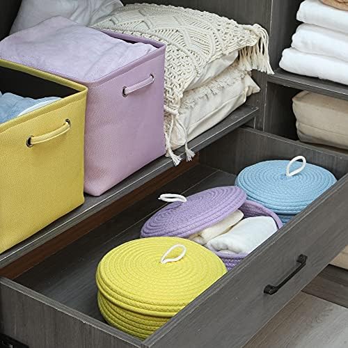 Sea Team Round Woven Cotton Rope Storage Basket with Lid, Lavender | Lidded Knitted Decorative Storage Bin, Pot, Caddy, Organizer, Container for Snacks, Towels, Plants, 10 x 4.5 Inches