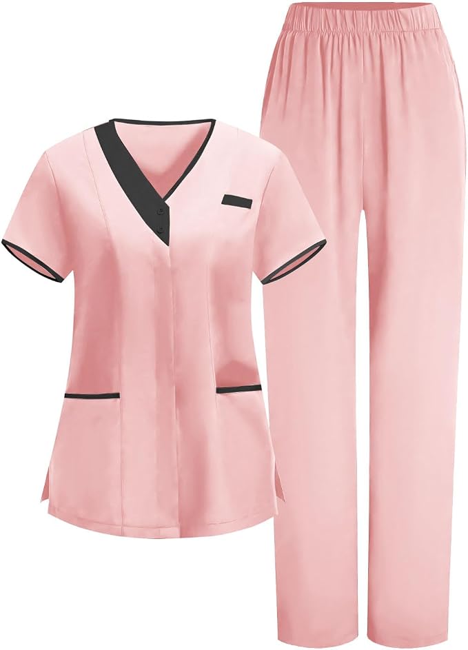 2026 Housekeeping Uniform Cleaning Uniforms - Button V Neck Top & Pants with Multi Pockets - Scrubs for Women