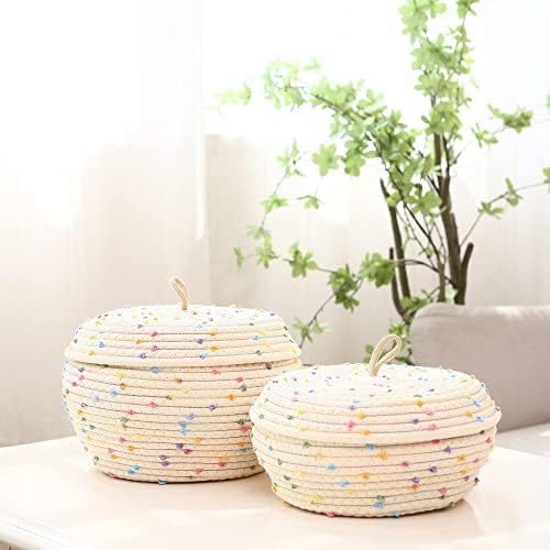 Sea Team Round Woven Cotton Rope Storage Basket with Lid, Rainbow | Decorative Colorful Pompom Knitted Storage Bin, Pot, Caddy, Organizer, Container for Snacks, Towels, Plants, 13 x 5.5 Inches