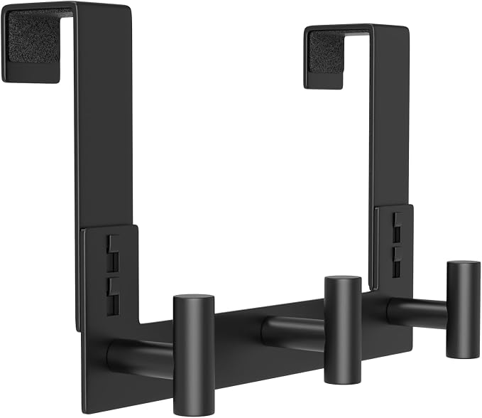 PMMASTO Door Hanger for 1-3/4 Inch Doors, Black- 3 Hooks, T Shape | Stainless Steel Door Hooks Organize Coats Towels Robes in Bathrooms Bedrooms Closets