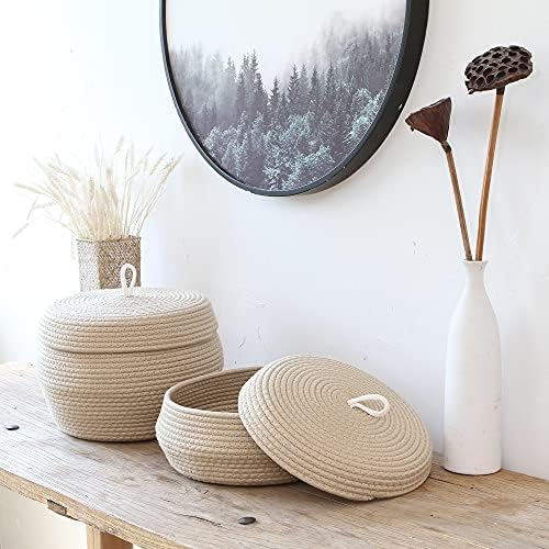 Sea Team Round Woven Cotton Rope Storage Basket with Lid, Khaki | Lidded Knitted Decorative Storage Bin, Pot, Caddy, Organizer, Container for Snacks, Towels, Plants, 13 x 5.5 Inches