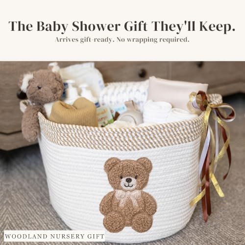 Teddy Bear Baby Storage Basket, Woven Cotton Rope Nursery Bin, 15x11 in | Stuffed Animal and Blanket Storage, Embroidered Bear Patch, Gender Neutral Nursery Decor, Shower Gift, Playroom Organizer