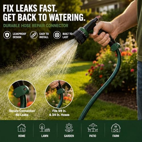 Pangda 2 Pack Garden Hose Mender Repair, Fits 5/8" or 3/4" Garden Hoses, Rust-free Poly Hose Connector with Clamp(Green, Black, Male)