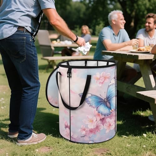 doginthehole Pink Floral Butterfly Collapsible Garbage Can 23 Gallons Trash Can Outdoor Waterproof Recycling Bin Storage Bag Holder Trash Bin with Lid, 22.83x17.71 in