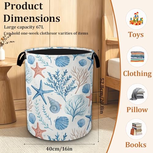 Summer Seashells Coral Waterproof Laundry Basket with Handles, Foldable Clothes Hamper, Large Capacity Laundry Organizer Bin for Bedroom Bathroom Dorm Room