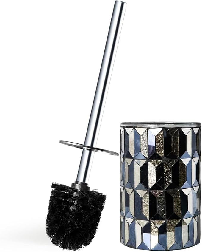 Escenzy Cute Toilet Brush and Holder Set Mosaic Glass | Non-Rustic Stainless Steel | Practical & Decorative Toilet Bowl Brush and Holder | Luxury Black and Gold Bathroom Accessories (Latest)