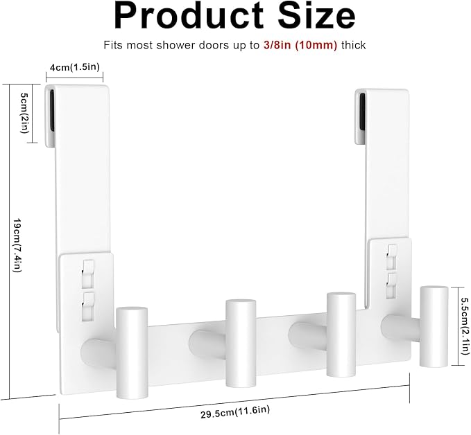 PMMASTO White Extra-Long Shower Door Hanger, 4 T-Hooks, Fits 3/8-Inch Glass | Extra-Long Heavy-Duty Stainless Steel, 4 T-Shaped Hooks, for Bathrobes and Towels on Frameless Glass Shower Doors