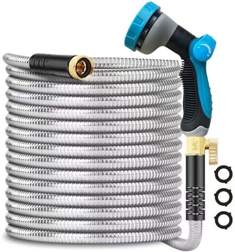 Metal Garden-Hose 200Ft Stainless Steel Water Hose Heavy Duty with 10 Way Nozzle-Flexible Lightweight Durable No Kink & Tangle，Strong 3/4’’ Solid Metal Fitting Shut-Off Valve for Outdoor Yard