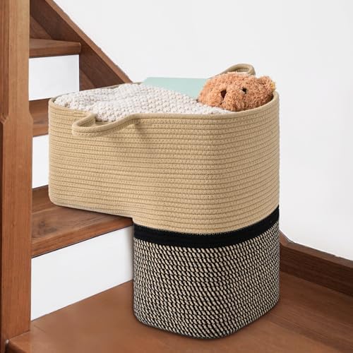 Stair Basket for Wooden & Carpeted Stairs, Foldable Cotton Rope Step Basket with Handles, Staircase Storage Organizer, Brown&Black, 15" Lx 10" W x 15" H
