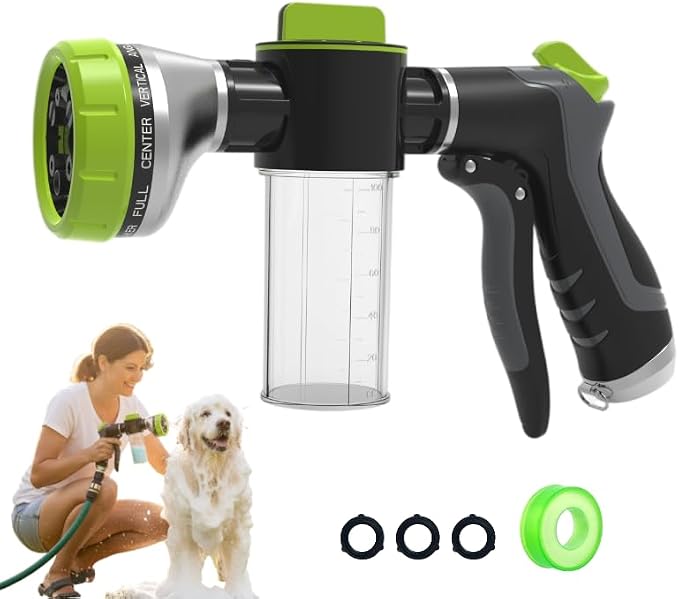 Dog Shower Attachment with Soap Dispenser for Pet Wash, 10-Function Garden Hose Sprayer Nozzle for Pet Bath, Make Washing Easy, ONE-HANDED EASY OPERATION