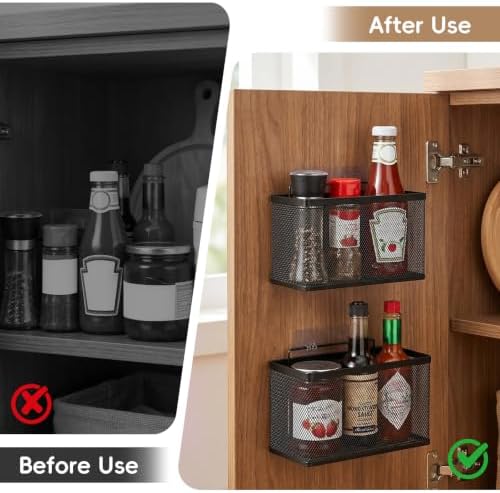 Adhesive Cabinet Door Organizer, 2 Pack Metal Baskets for Kitchen | No-Drill Wall Mounted, Holds Up to 8.8 lbs, for Pantry, Under Sink, Laundry Room & Bathroom Space Saving Storage Caddy