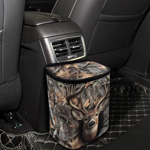 Hunting Deer Forest Camo Print Car Trash Can with Lid and Zipper Portable Foldable Garbage Can Hanging for Headrest Leakproof Organizer and Storage Bag Car Accessories