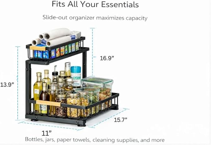 Lumela Under Sink Organizer, 2-Tier Slide-Out Cabinet Organizer Shelf, Height Adjustable Metal Pull-Out Storage Rack with Wood Handle for Kitchen & Bathroom Cabinets (Black)