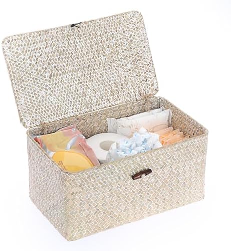 Sumnacon Wicker Basket with Lid,Tampon Holder for Bathroom,Whitewash,Medium | Natural Seagrass Female Product Organizer for Toiletries Pad Tampon Storage,Farmhouse Woven Baskets for Shelf, Toilet Tank