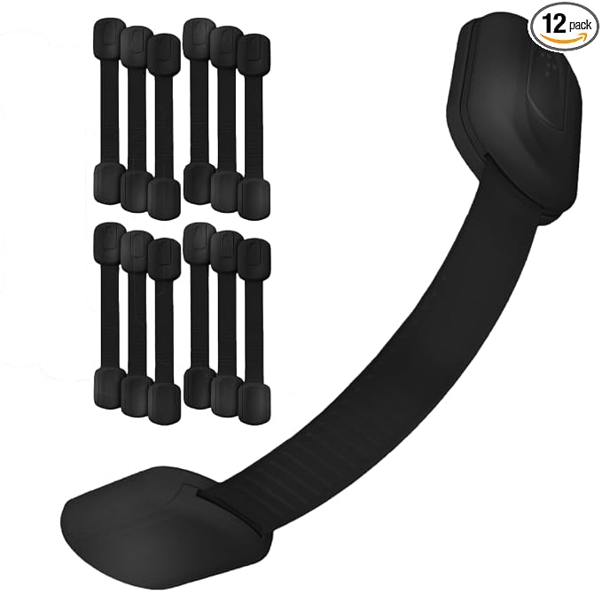 Baby Proof Me Child Safety Cabinet Locks - Baby Proofing Straps & Latches | 12 Pack Adhesive Safety Latches for Cabinets, Drawers, Fridge, Oven, Toilet & Trash Can, Strong 3M Adhesive - Black