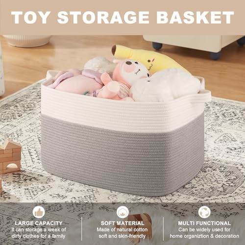 OIASKET Blanket Basket for Living Room, Cotton Rope Basket for Storage, Toy Baskets Bin for kids, Woven Baskets with Handles for Clothes, Towels, Pillows, 20" x 16" x 12", Grey and White