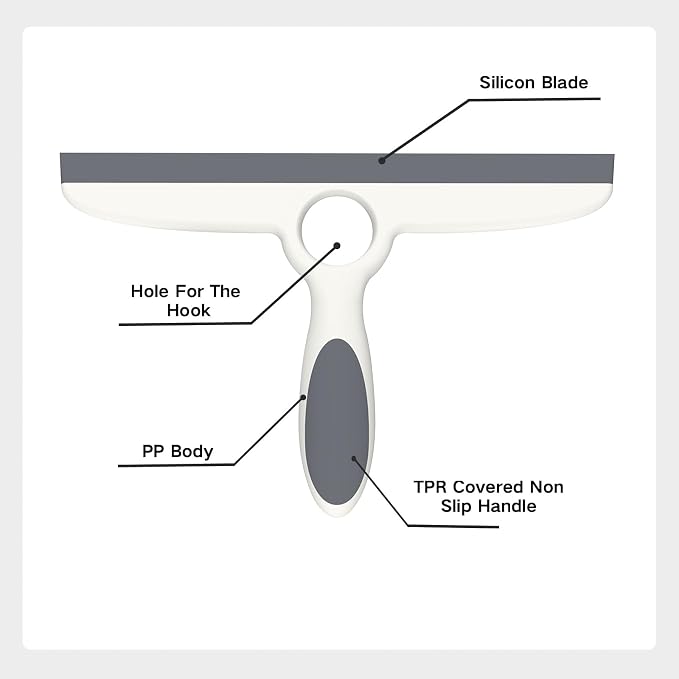 Shower Squeegee for Glass Doors & Walls - 10" Squeegee with Adhesive Hook - Pack of 2/Gray