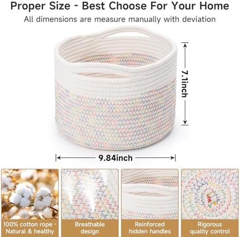 3 Pack Small Rope Storage Baskets, 9.82×9.82×7.1", Rainbow | Cotton Basket for Gifts Empty, Cute Round Woven Basket, Decorative Shelf Basket Organizer, Organizing Basket for Shelves