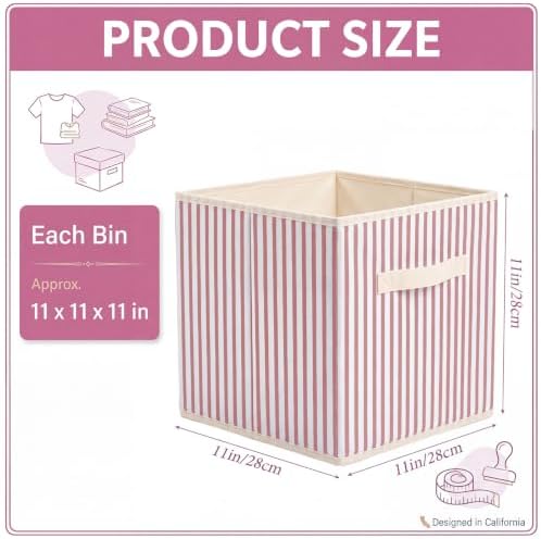 Amyhill 6 Pack Pink Striped Basics Collapsible Fabric Storage Bins | with Handles, Foldable Storage Cubes, 11 Inch, Closet Decorative Organizer, Baskets for Shelves Units, Home, Dorm