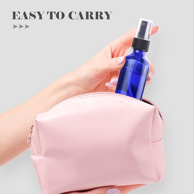 4 oz Mini Glass Spray Bottles, Empty Small Spray Bottles with Funnel Dropper, Fine Mist for Hair, Travel, Plants, Cleaning Solutions and Skin Care (4 Pack Blue)