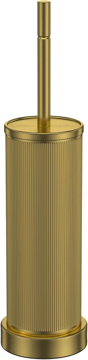 Metal Vertical Grain Toilet Bowl Brush and Holder Set Scrubber Warm Gold | Extra Long Handle with Splash Guard Cover, Bathroom Space-Saving, Heavy Durable Deep Cleaning, Cleaner Sets for Apartments
