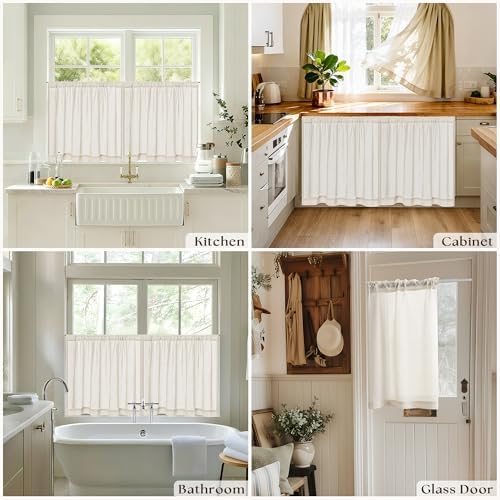 Beige Semi Sheer Linen Kitchen Curtains 24 Inch Length 2 Panels | Natural, Small Curtains, for Laundry RV Campers, Privacy Light Flitering, Rod Pocket Drapes, Rustic Boho, 50x24 Inch