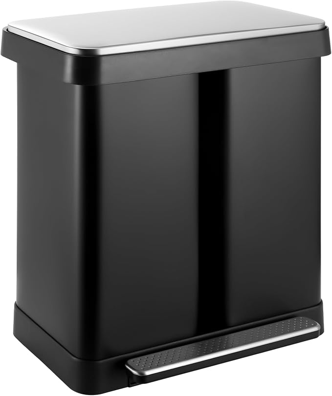 ComfyCorner 16 Gallon Dual Compartment Trash Can, Step-On Garbage Bin | Stainless Steel Hands-Free Recycling Rectangular Dustbin with Soft-close Lid, Removable Inner Buckets, for Kitchen Home