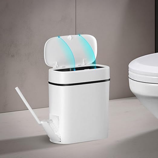 Bathroom Trash Can with Lid, 14 Liter/ 3.7 Gallon Bathroom Trash Can and Toilet Brush Set for Restroom, Bedroom, Living Room, Office, White Lid