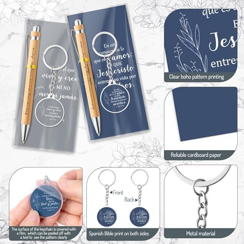 ANGOLIO 230Pcs Spanish Christian Flower Religious Gift Bulk Easter Gift Regalos Cristianos En Español Bible Verse Bamboo Pen Keychain Bookmark Inspirational Stationary Gift for Women Men VBS Church
