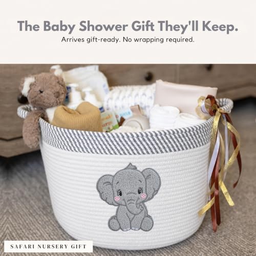 Elephant Baby Storage Basket, Woven Cotton Rope Nursery Bin, 15x11 in | Stuffed Animal and Blanket Storage, Soft Felt Elephant Patch, Neutral Baby Room Decor, Baby Shower, Kids Playroom Organizer
