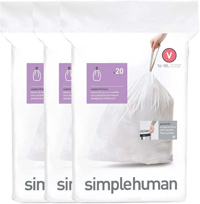 simplehuman Code V 60 Count, Dispenser Pack Custom Fit Liners, Drawstring Trash Bags, 16-18 Liter / 4.2-4.8 Gallon, White