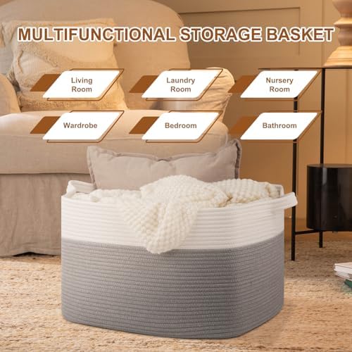 OIASKET Blanket Basket for Living Room, Cotton Rope Basket for Storage, Toy Baskets Bin for kids, Woven Baskets with Handles for Clothes, Towels, Pillows, 20" x 16" x 12", Grey and White