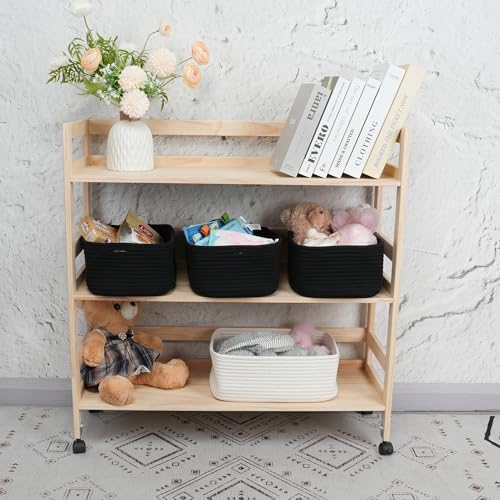 XUANGUO Small Woven Storage Baskets for Shelves, 13" x 9" x 5", Black | Decorative rope storage bins for closets and toy storage; cute organizer baskets, empty gift baskets and nursery storage.