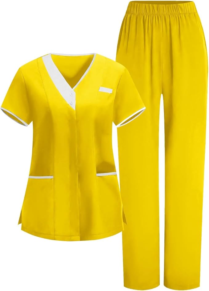 2026 Housekeeping Uniform Cleaning Uniforms - Button V Neck Top & Pants with Multi Pockets - Scrubs for Women