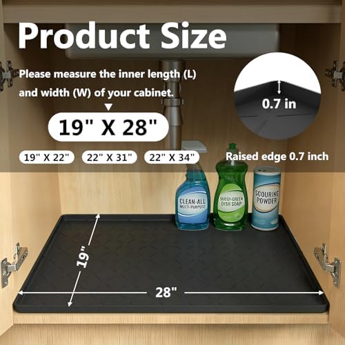 Mateeylife Under Sink Mat Kitchen Waterproof, Silicone Sink Tray 28"X19" | Under Sink Organizer Cabinet Shelf Protective Liner, Multi-use Silicone Mat for Boot Tray & Litter Mat, Classic Black
