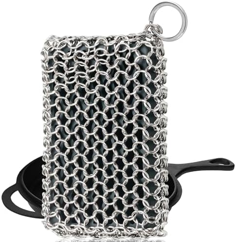 Herda 316L Cast Iron Scrubber Cleaner, Large Chainmail Cast Iron Cleaner | Honeycomb Silicone Insert, Flexible,Stainless Steel Chain Mail Metal Sponge Scrub Skillets,Oven,Flat Top,Grill Pan Pot Brush