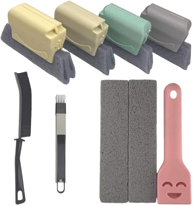 8-Piece Cleaning Brush Set, Window Track & Crevice Tools with Pumice Bars | works on windows, sliding doors, tile grout, sinks, toilets, cookware, car vents, reusable set for home, hotel, restaurant