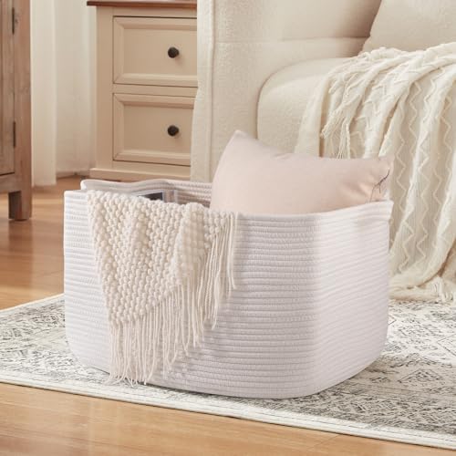 OIASKET White Storage Baskets for Organizing, Toy Basket Storage Kids, Nursery Cotton Rope Baskets for Living Room, Deorative Organizer Bin Box (White)