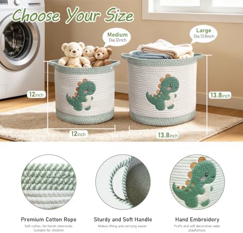 Cute Nursery Bin, Baby Toy Organizer (13.8"x13.8"), Storage Basket for Organizing, Woven Rope Basket for Shelves, Cute Baskets with Handle for Nursery, Playroom (Dinosaur, Large)