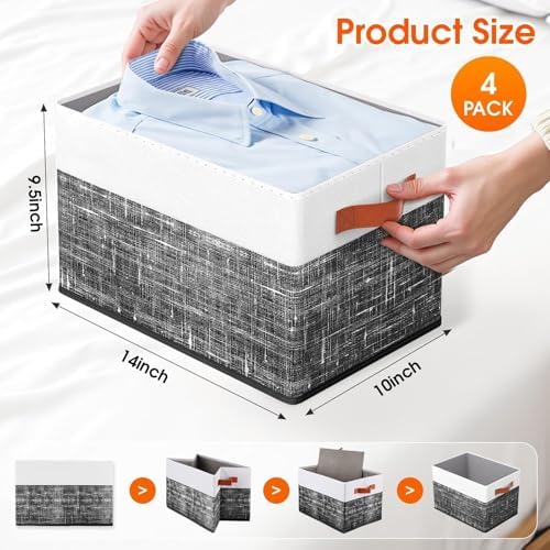 Fab totes Collapsible Storage Baskets for Shelves,14"x10", 4 Pack Foldable Fabric Storage Bins with Double Leather Handles, Large Baskets for Organizing Books, Clothes, White & Black