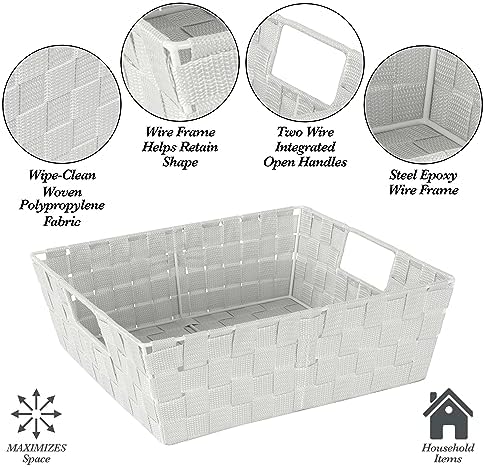 Simplify Large Shelf Woven Strap Tote | Decorative Storage Basket | Built in Handles | Organization | Closet | Bedroom | Bathroom | Nursery | Accessories | Toys | Gifts | 2 Pack | Heather Grey