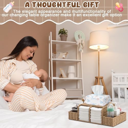 Large Wicker Diaper Caddy Changing Table Organizer, Khaki, Paper | Detachable Modular Diaper Caddy for Nursery, Woven Diaper Storage Dispenser Basket for Nursery Diapering Baby Essentials Gift