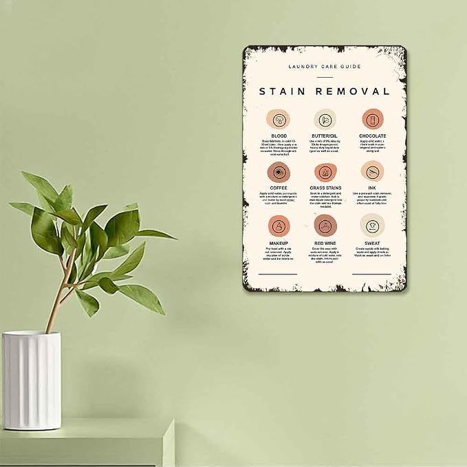 Vintage Retro Stain Removal Laundry Care Guide Aluminum 8x12 Inch, Funny Wall Art for Farmhouse Laundry Room Bathroom Kitchen Man Cave Garage Wall Decor